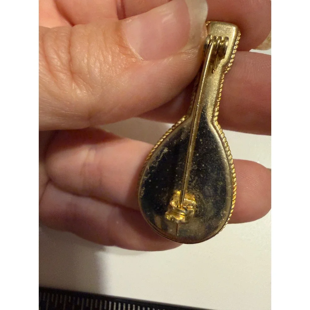 Vintage Italian Micro Mosaic Mandolin Brooch Lute Musical Instrument Gold Tone